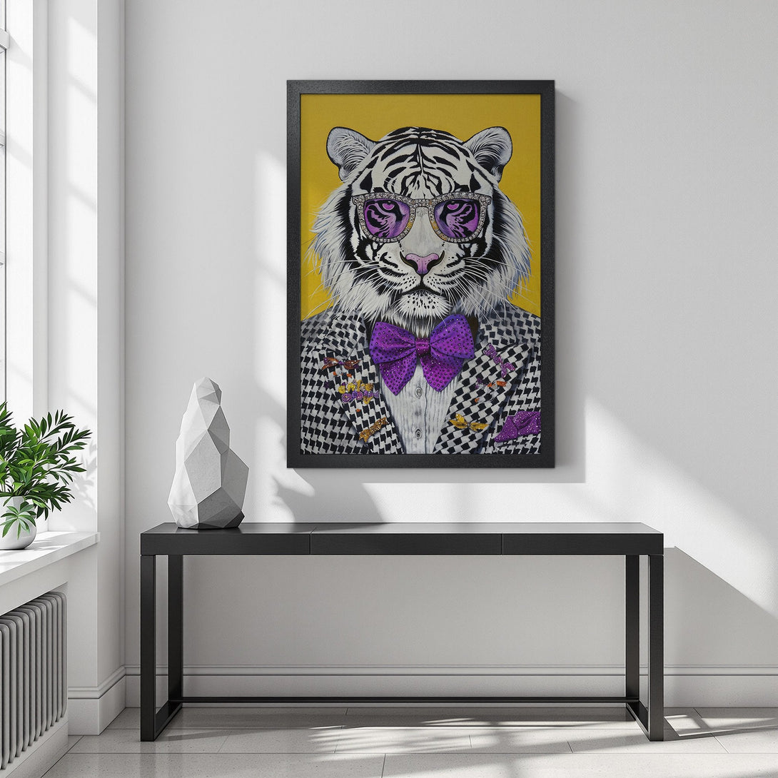 Framed Poster featuring a stylish tiger in a suit, with a yellow background. Modern art with purple and black color palette. Perfect wall decor.