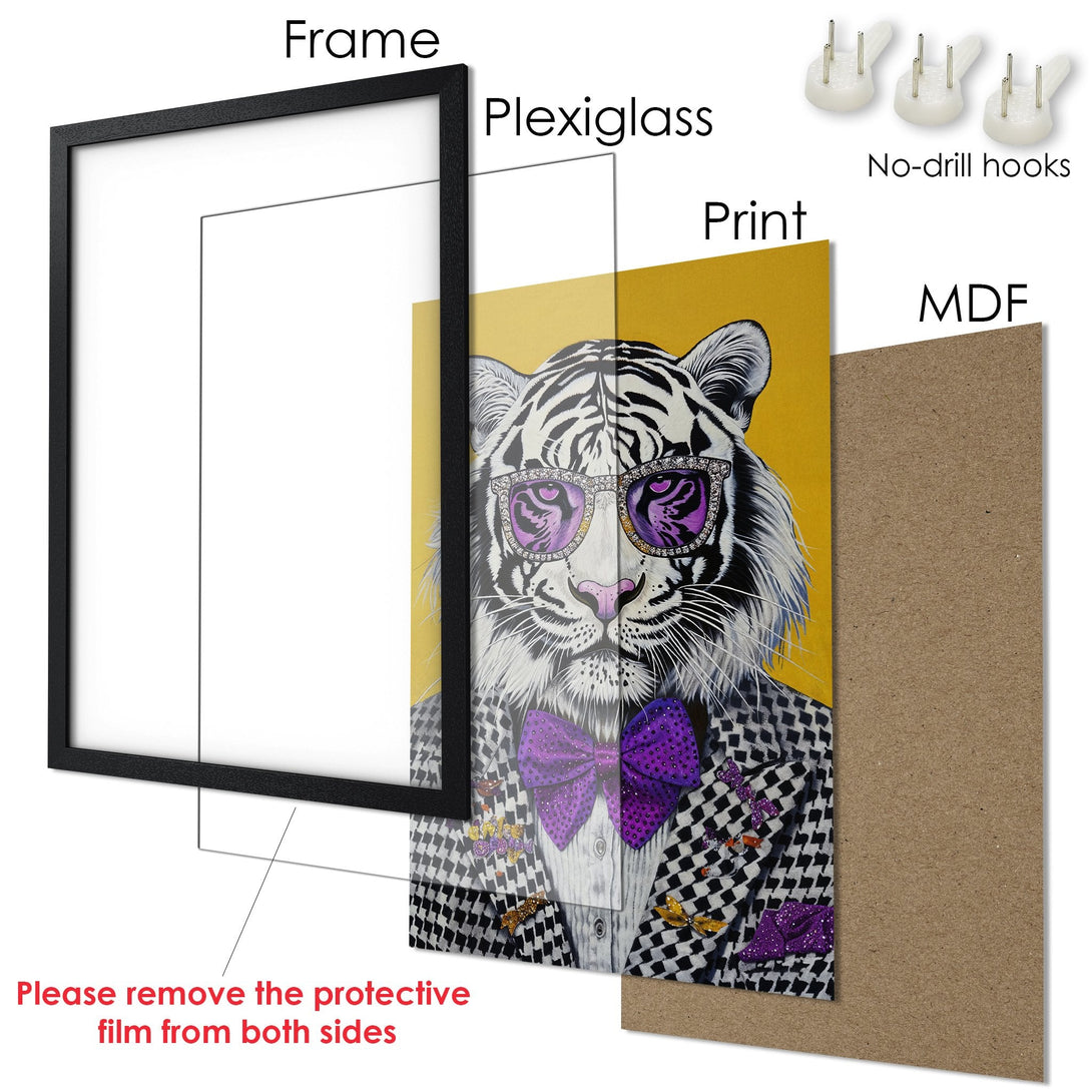 Framed Poster featuring a stylish tiger with purple accents. Modern art print with a black frame and yellow background.