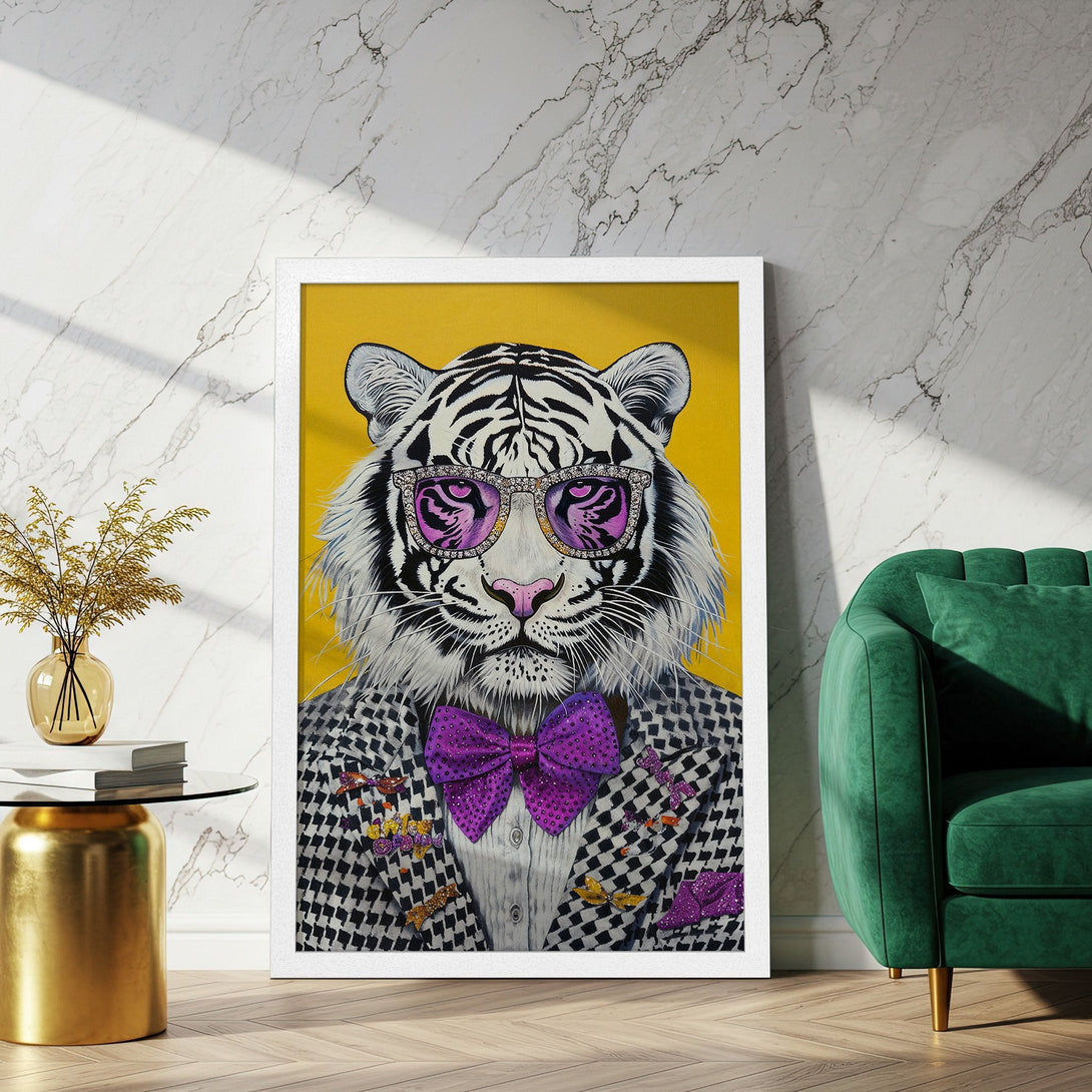 Framed Poster: Dapper tiger portrait in a stylish, modern art style. Features a yellow background, black & white, purple, and gold accents. Perfect wall art!