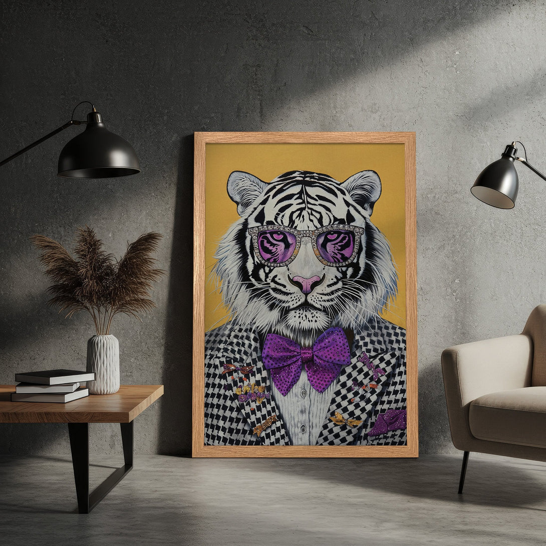 Framed Poster featuring a stylish tiger in a suit, pop art style, with a purple and yellow color palette. Perfect wall art!