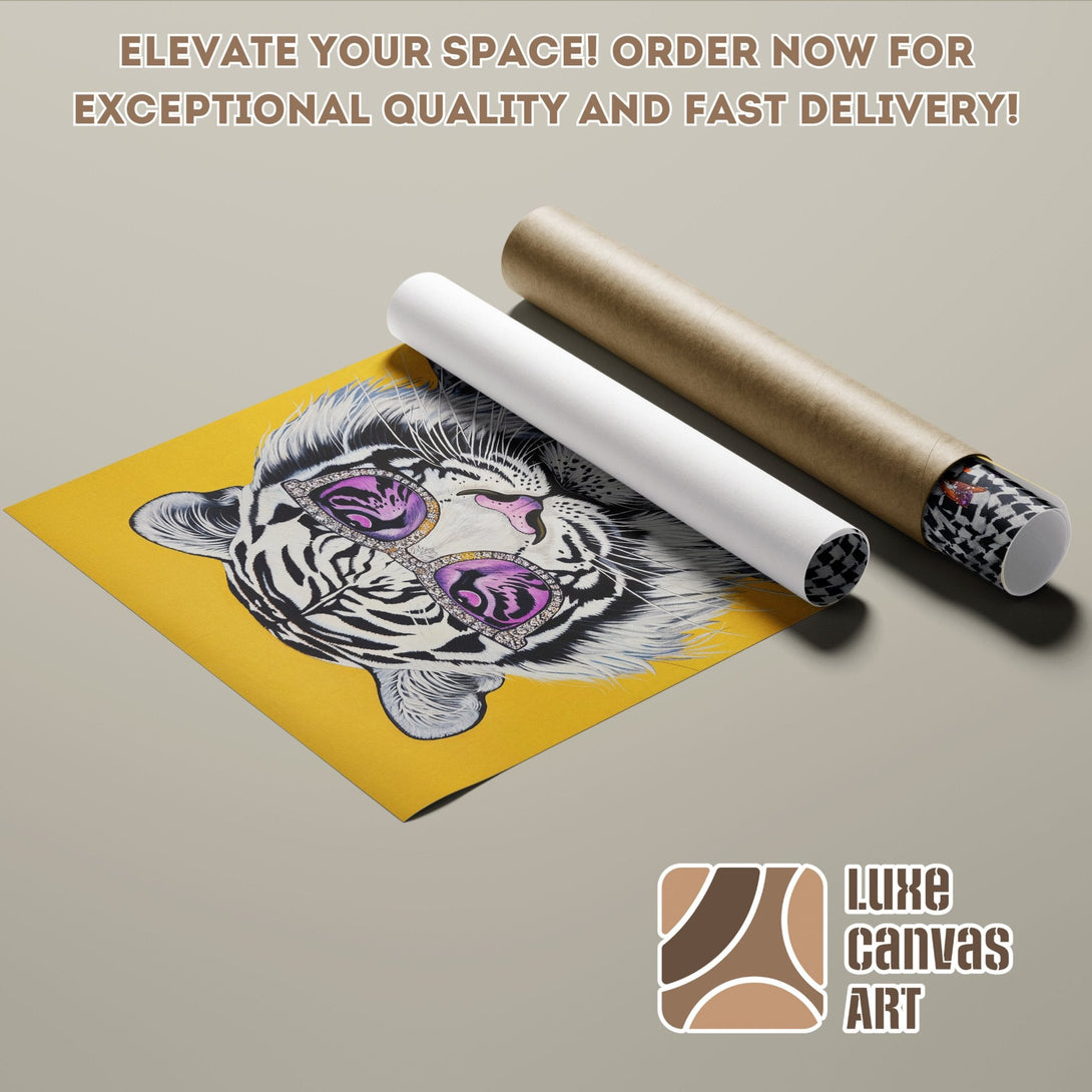 Tiger Poster Roll art print, yellow, black, & purple color palette. Elevate your space with this unique art!