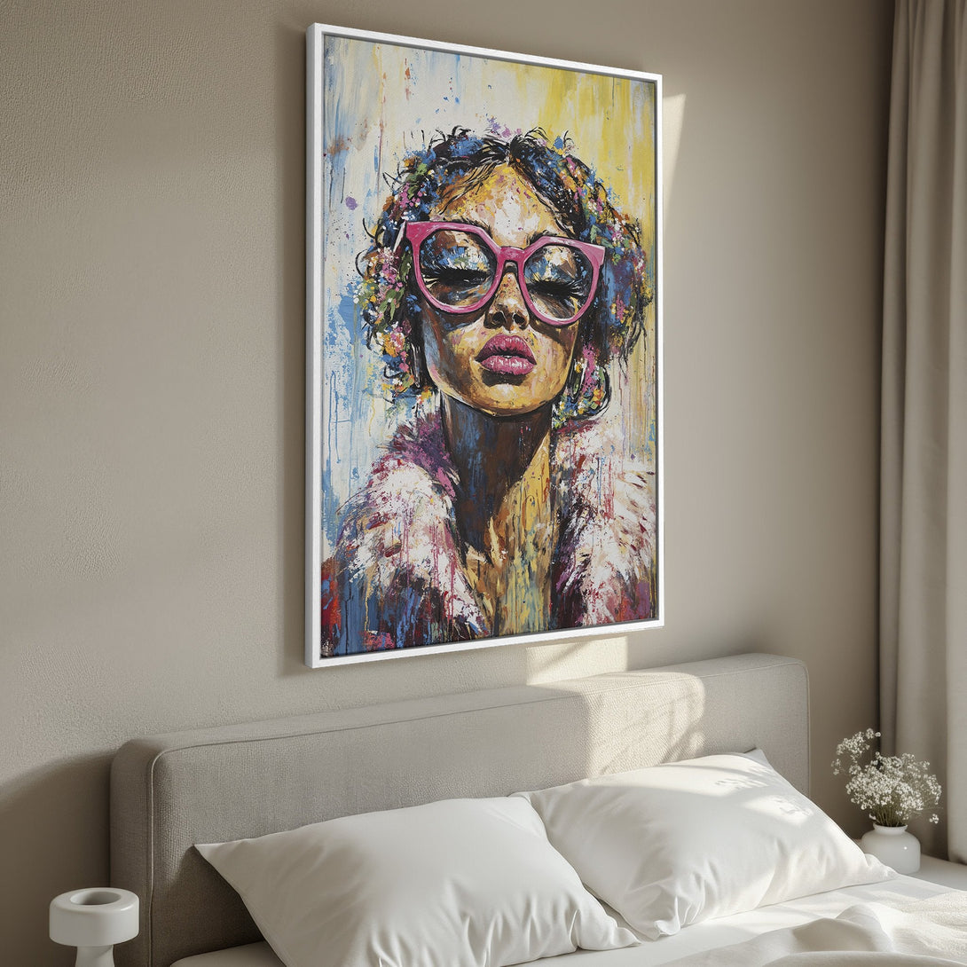 Framed Wall Art: Colorful portrait of a woman with pink glasses in an abstract style. Adds a pop of color to any room. Shop now!