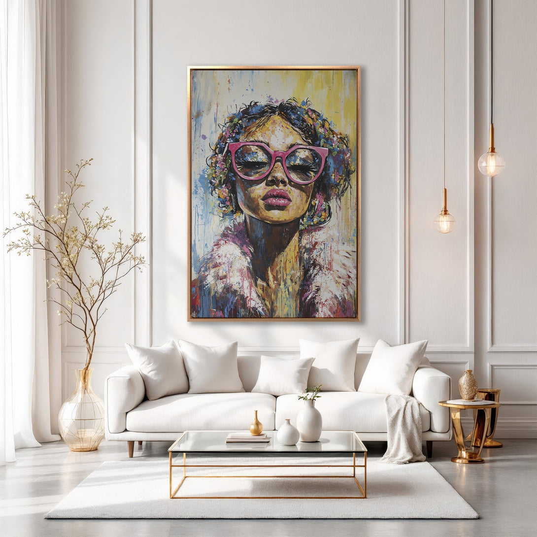 Framed Wall Art: Bold portrait of a woman with pink glasses, vibrant colors, and an abstract style. Perfect for adding a pop of art to your home decor.