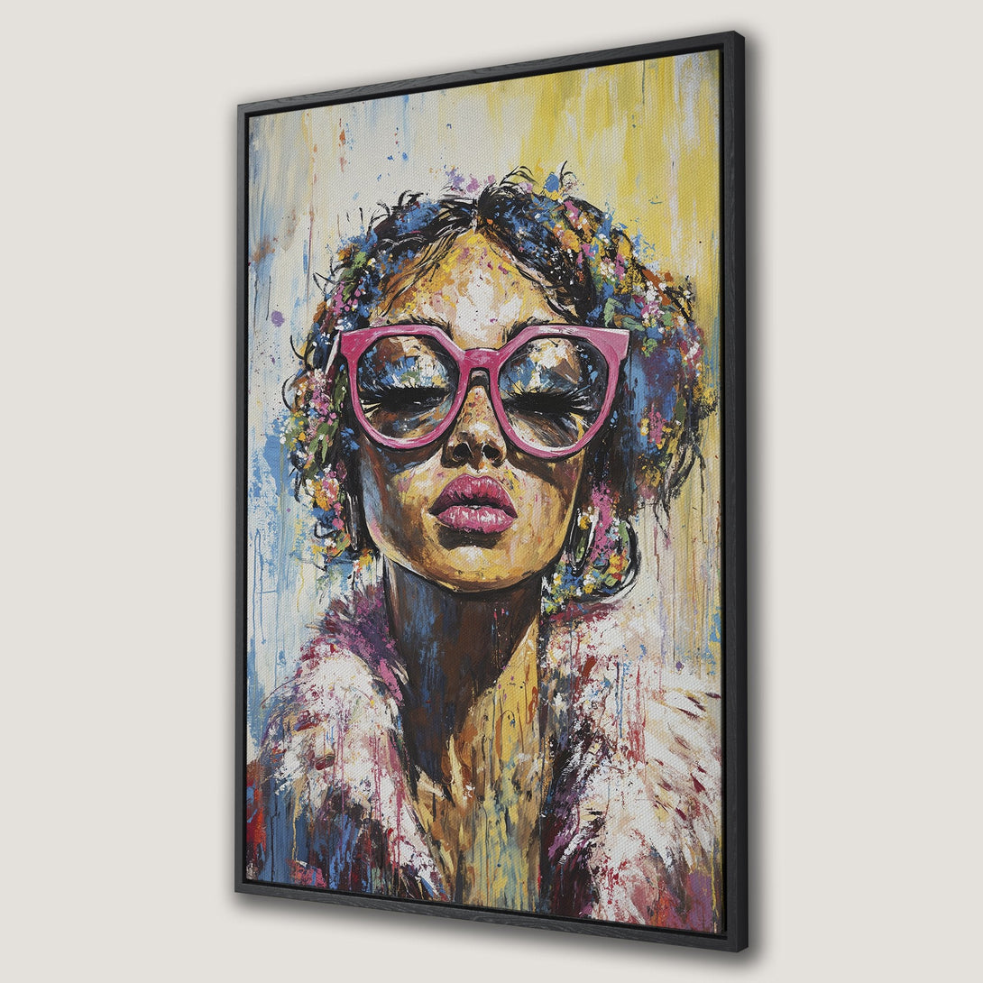 Framed Wall Art: Bold portrait of a woman with pink glasses, vibrant colors, and an impressionistic style. Perfect for modern decor.