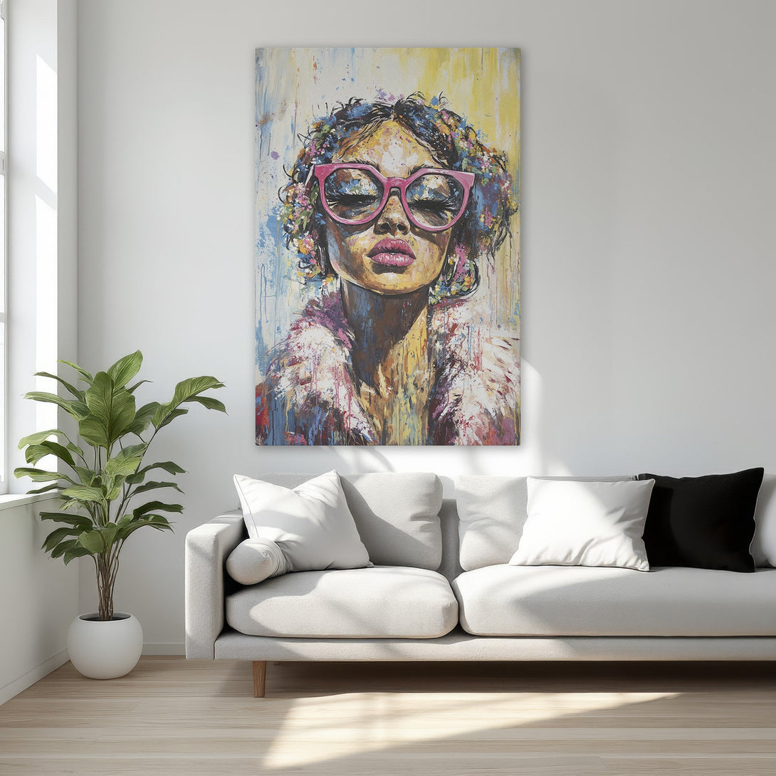 Framed Wall Art: Bold portrait of a woman with pink glasses. Abstract style with vibrant blues, pinks, and yellows. Perfect for a stylish bedroom.