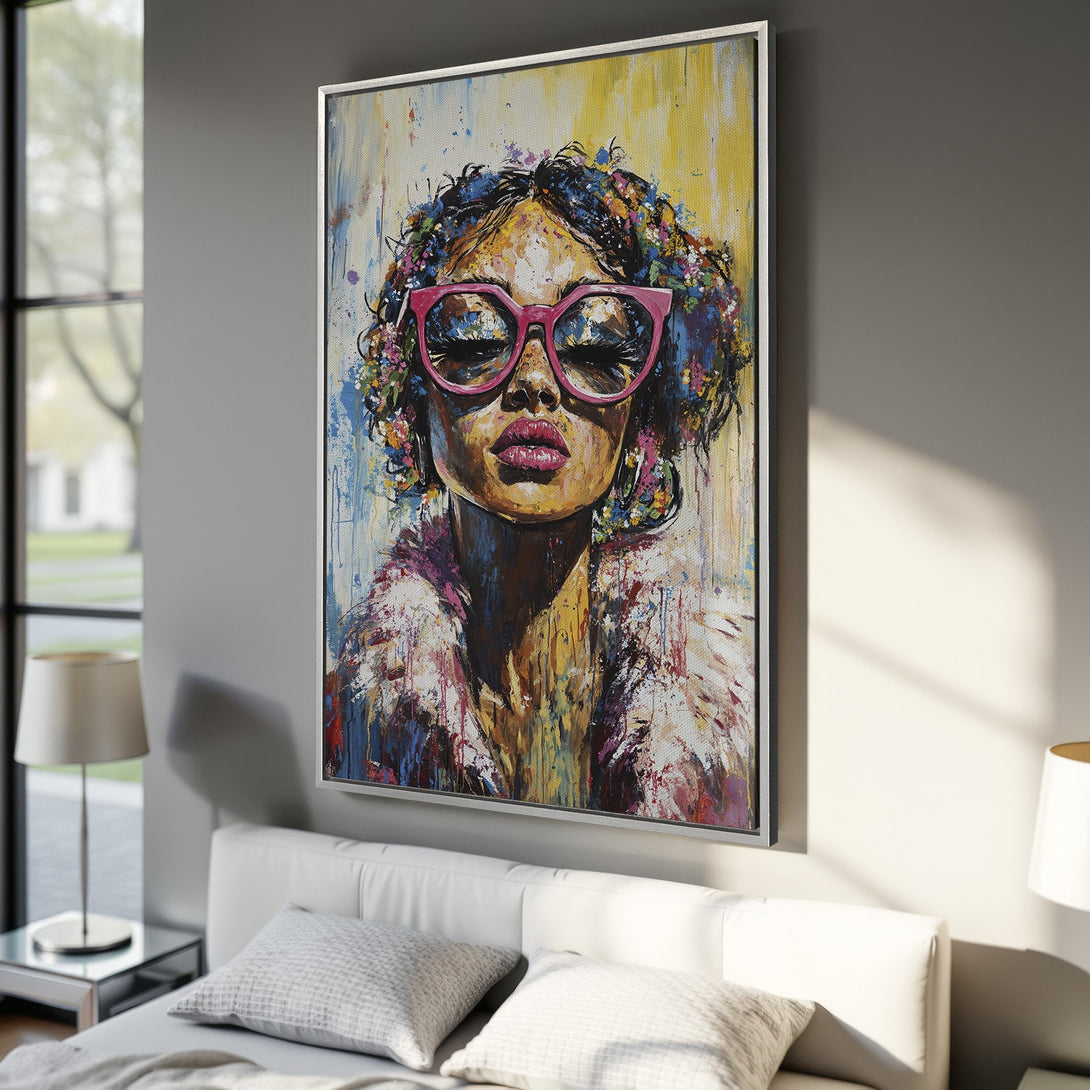 Framed Wall Art: Bold portrait of a woman with pink glasses, vibrant brushstrokes, and a colorful palette. Perfect for adding art to your bedroom!