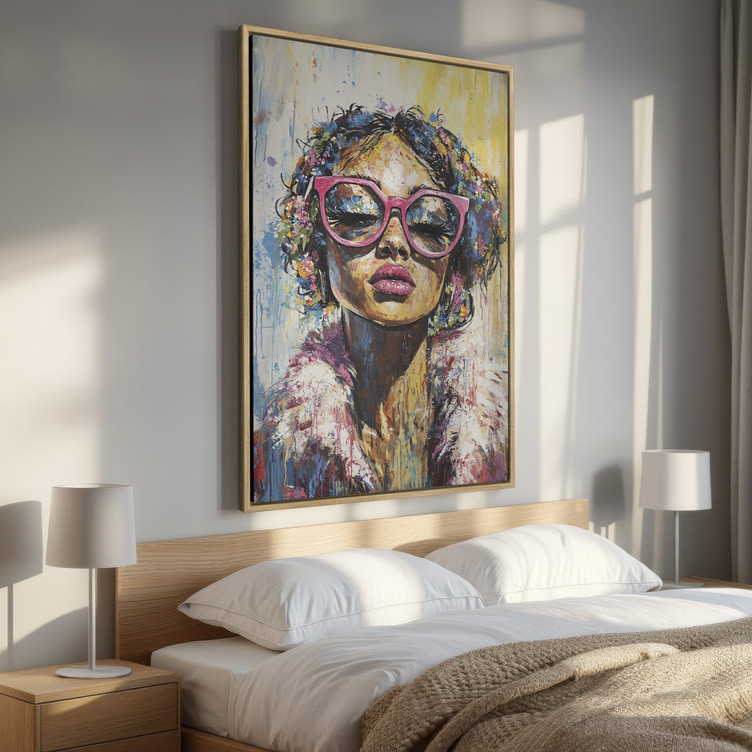Framed Wall Art featuring a stylish woman with pink glasses, vibrant abstract art in a bedroom setting. Colorful palette. Perfect home decor.