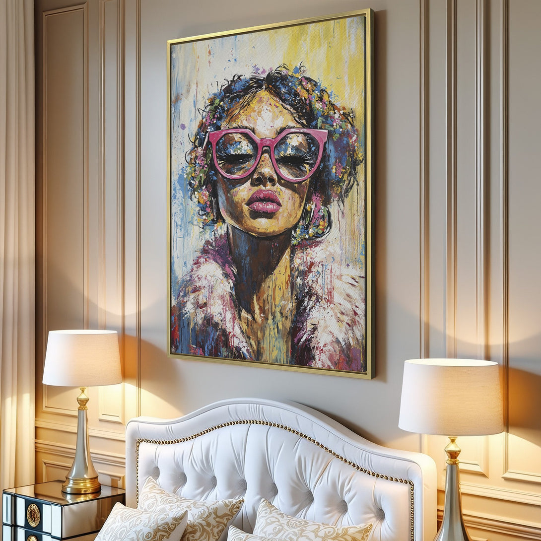 Canvas Print: Bold portrait of a woman with pink sunglasses, vibrant colors. Modern art style, perfect for living room decor.
