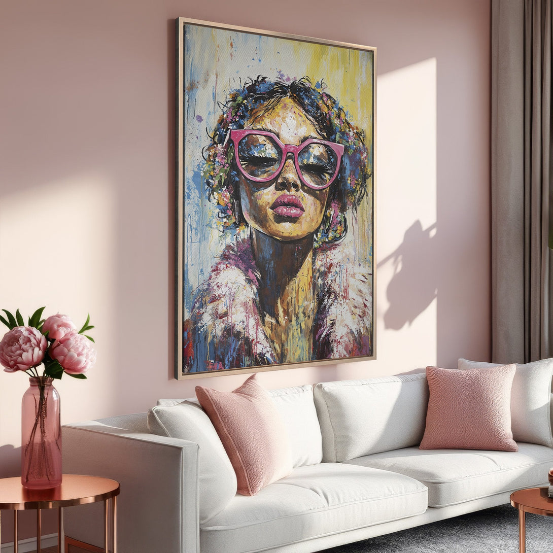 Framed Wall Art: Bold portrait of a woman with pink glasses. Modern art with a colorful, abstract style in a soft pink and yellow palette. Perfect wall decor!