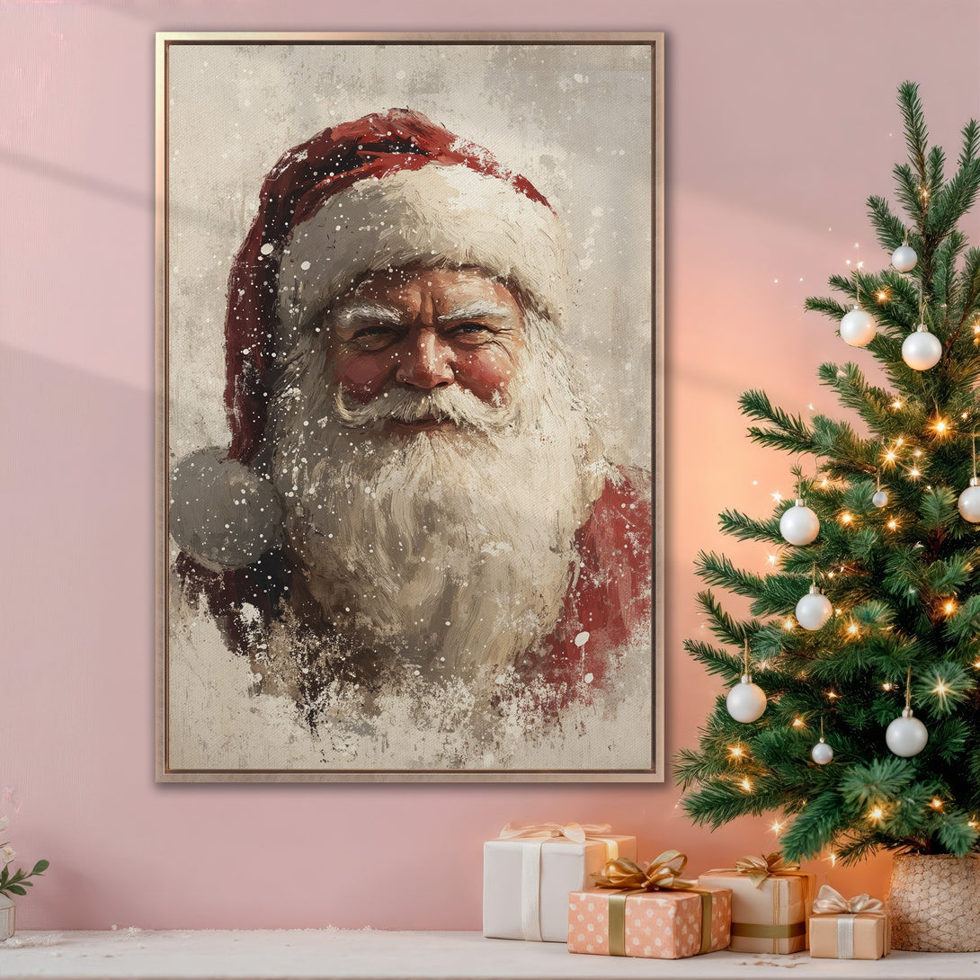 Framed Wall Art: Vintage Santa Claus portrait in red and white, perfect for Christmas decor. Warm, inviting color palette. Add festive cheer to your home!