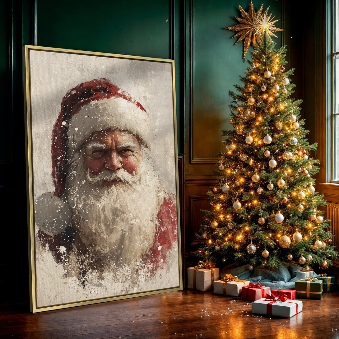 Canvas Print of Santa Claus portrait, vintage style, warm red and neutral palette. Perfect Christmas wall art!