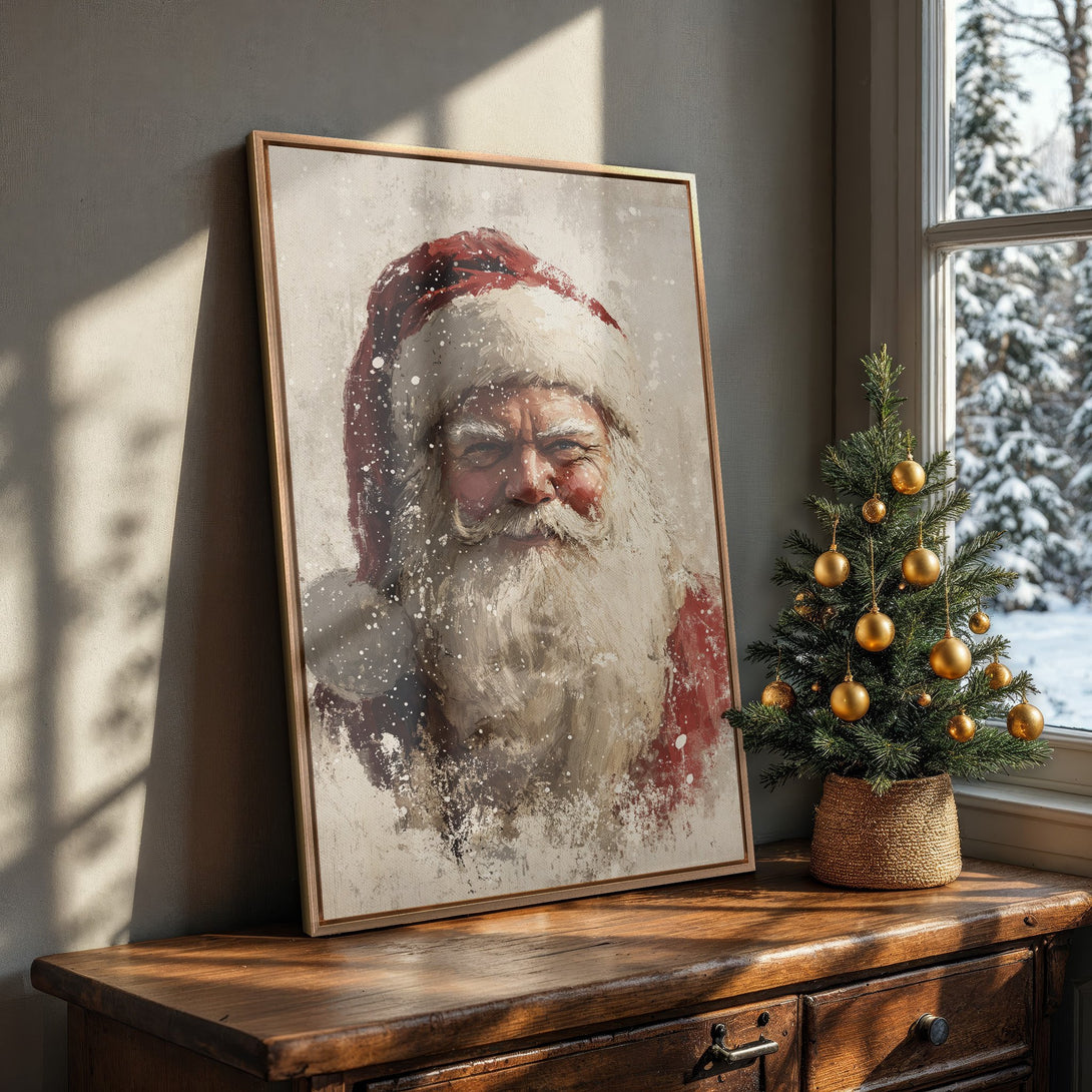Framed Wall Art featuring Santa Claus in a vintage style, with a warm, neutral color palette. Perfect Christmas decor for a cozy home.