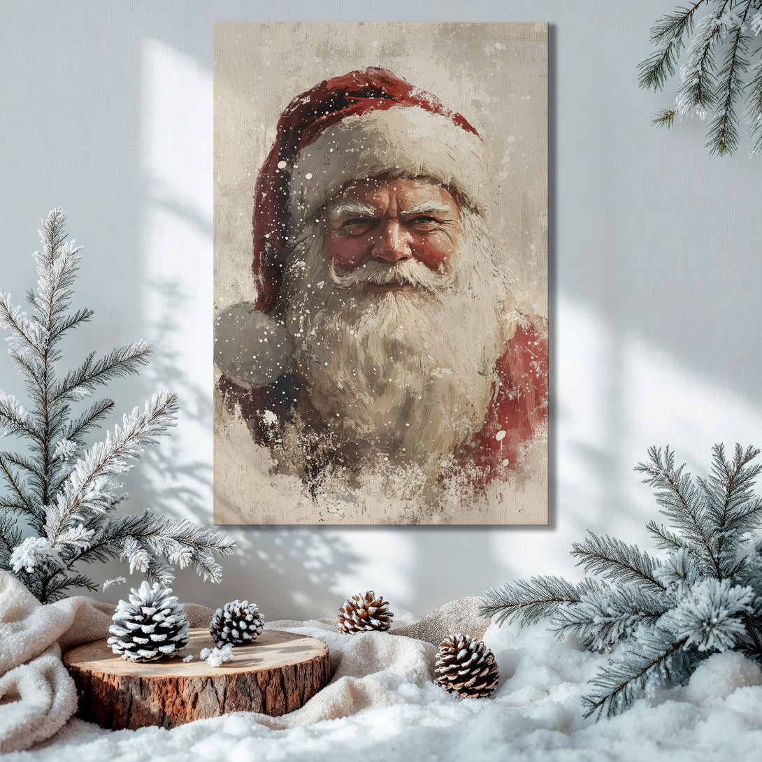 Framed Wall Art: Santa Claus portrait in a vintage style, warm red and beige palette, perfect Christmas decor.