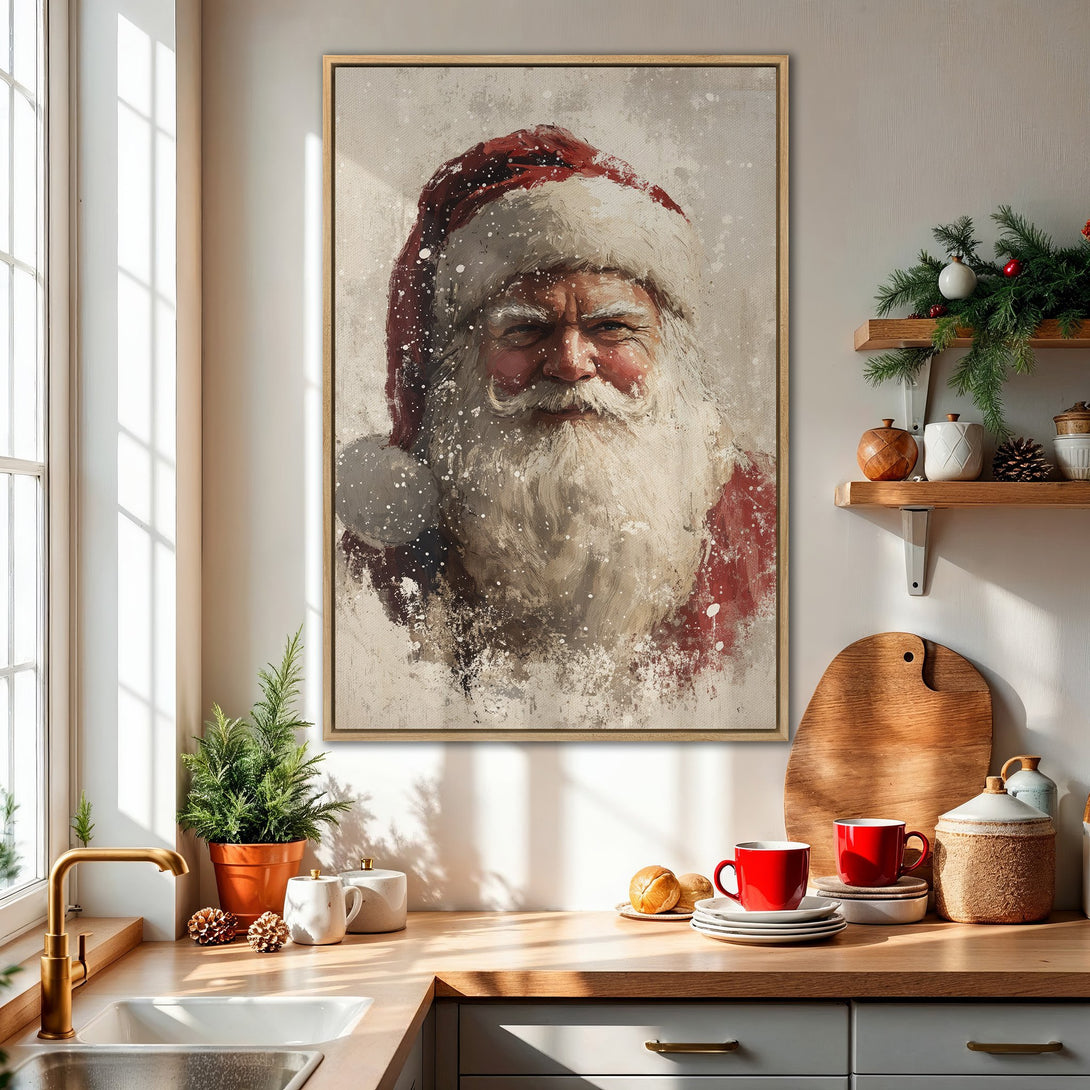 Framed Wall Art of Santa Claus in a painterly style, featuring a red and white color palette. Perfect Christmas decor for your home.