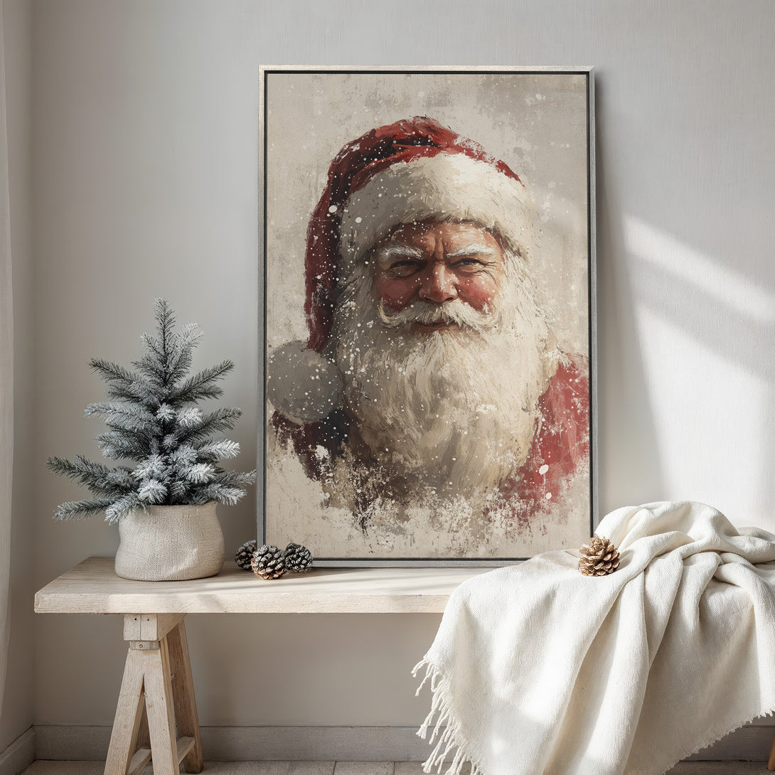 Framed Wall Art: Vintage Santa Claus portrait in red and white. Rustic style Canvas Print for Christmas decor. Warm, inviting color palette.