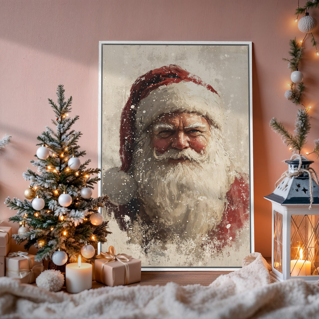 Framed Wall Art of Santa Claus in a vintage style, warm red & beige tones. Perfect Christmas decor for a cozy home. Shop now!