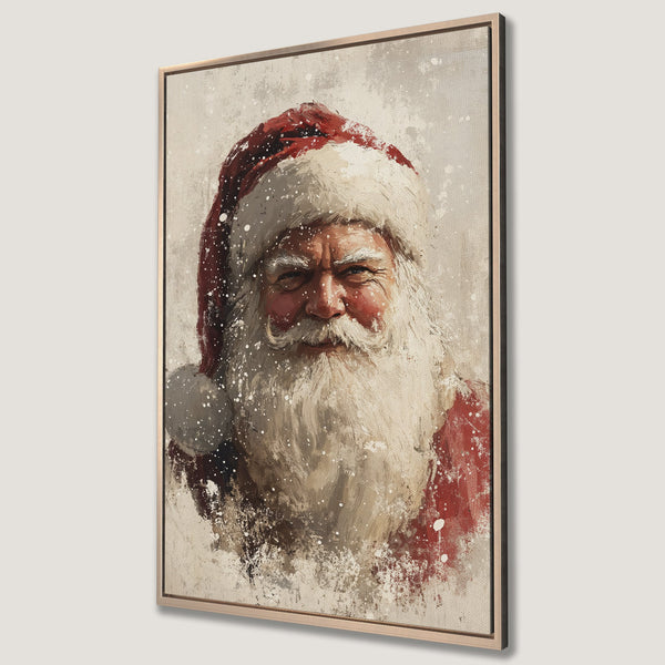 Framed Wall Art: Santa Claus portrait in a painterly style. Festive red and white palette with neutral background. Perfect Christmas decor.