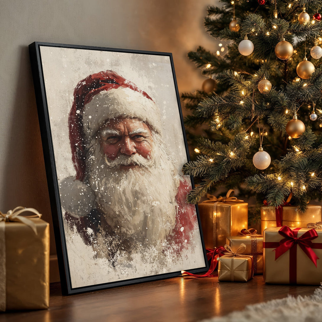 Framed Wall Art: Santa Claus portrait in a vintage style with a red and neutral color palette. Perfect holiday decor for your home!