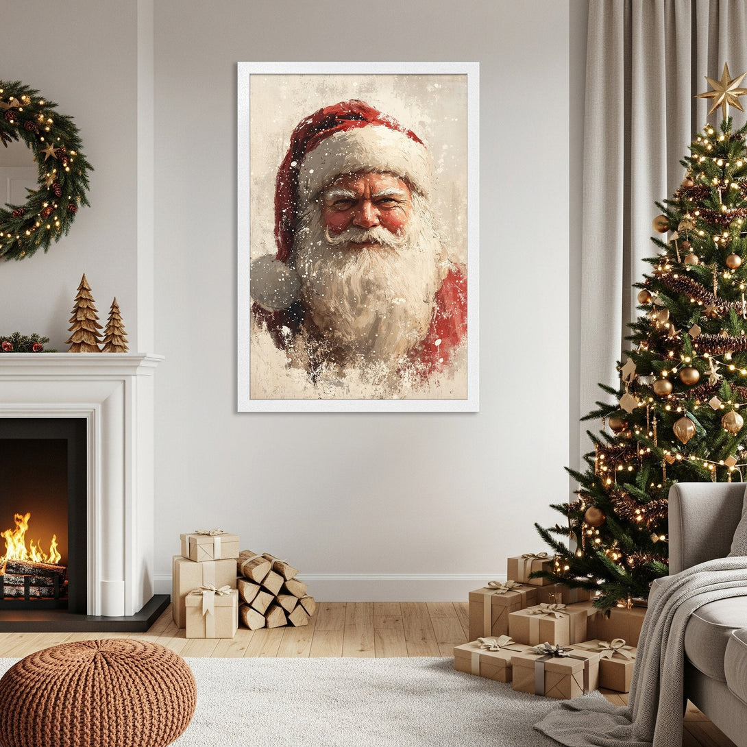 Framed Poster of Santa Claus portrait in a painterly style, featuring red, white & beige tones, perfect for Christmas decor.