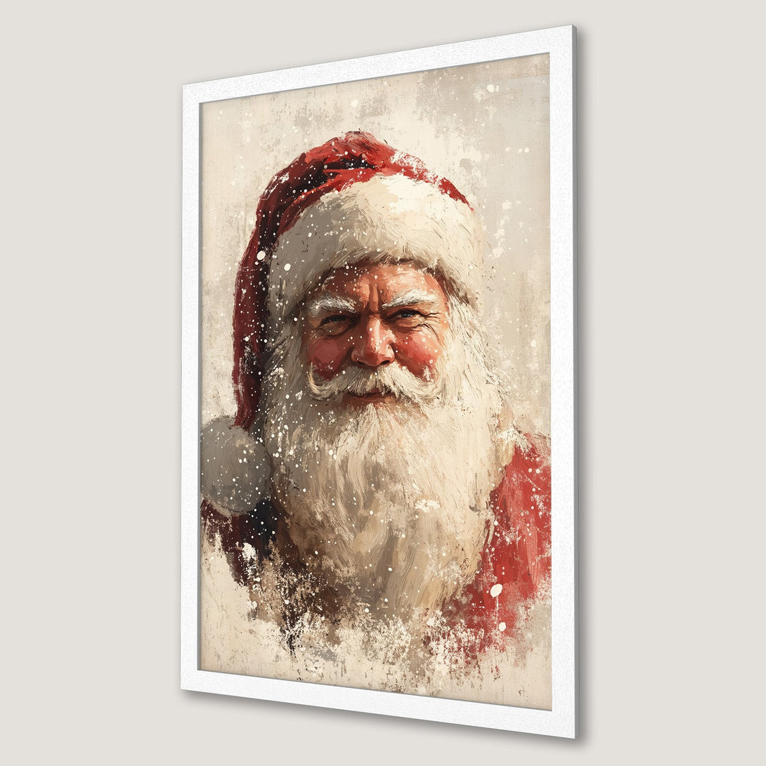 Framed Poster featuring Santa Claus in a painterly style, with a red and cream color palette. Perfect Christmas decor!