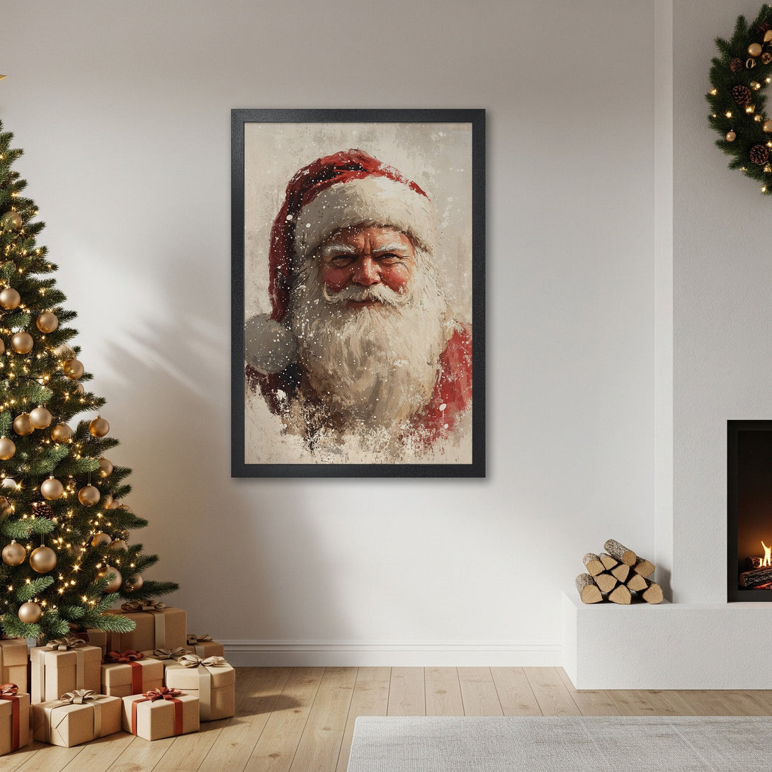 Framed Poster of Santa Claus in a painterly style, featuring red, white, and neutral tones. Perfect Christmas decor!