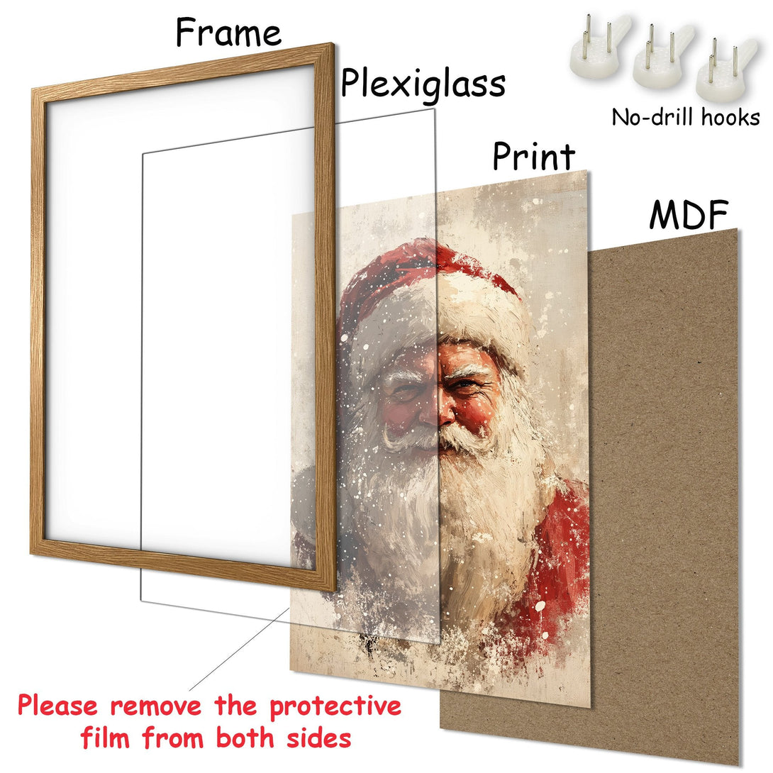 Framed Poster featuring Santa Claus in an artistic style with a warm, neutral color palette. Perfect Christmas decor!