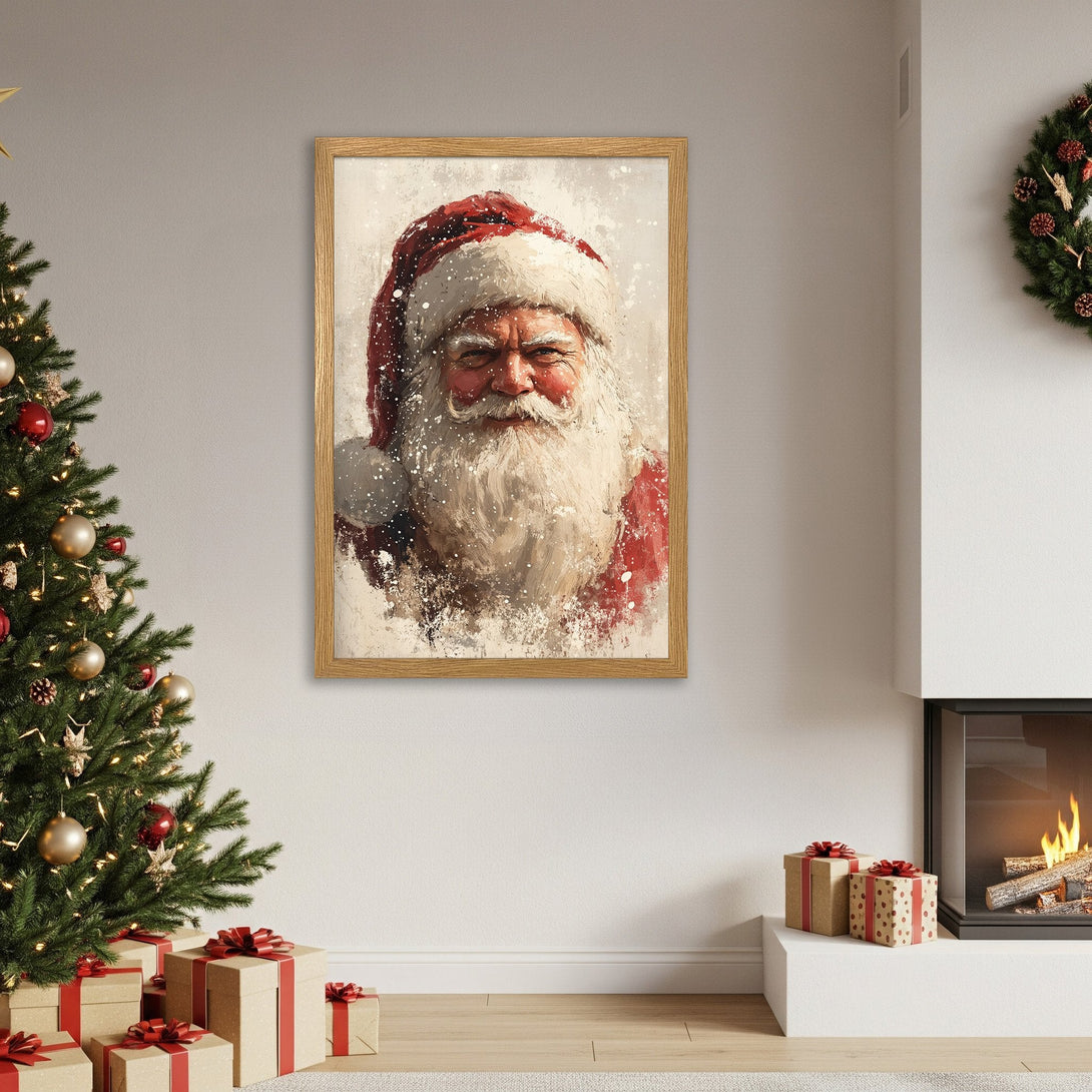 Framed Poster of Santa Claus, painterly style, red and white color palette, perfect for Christmas decor.