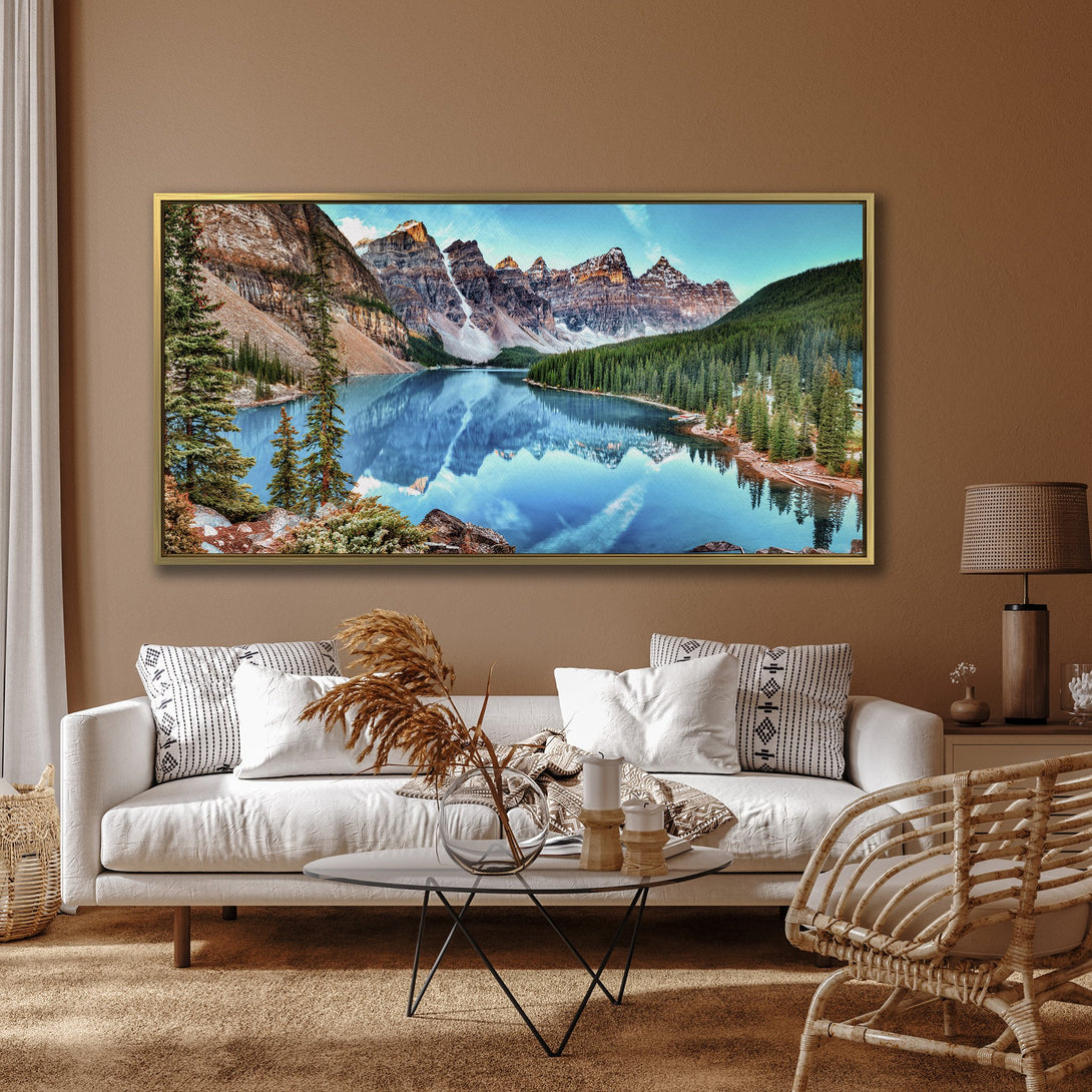 Canvas Print of a stunning mountain lake landscape. Vibrant blue, green, and brown colors create a serene, natural scene. Perfect wall art for any home.