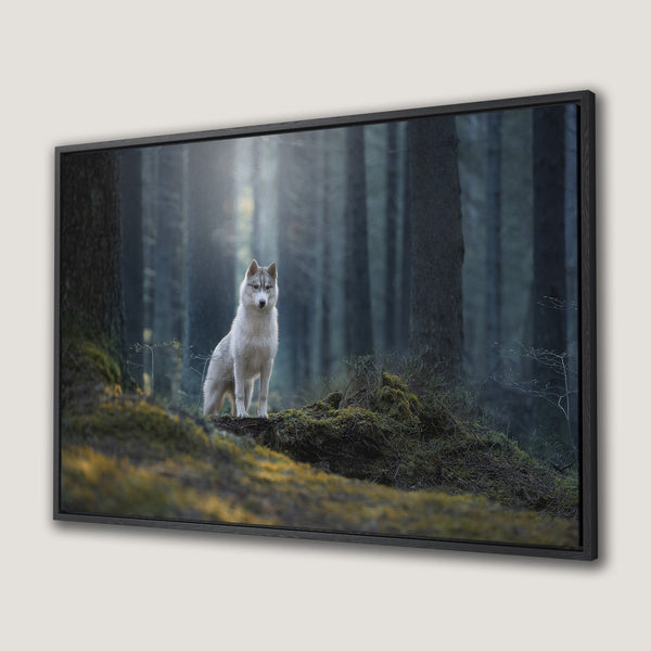 Framed Wall Art: Majestic Husky in a forest scene. Moody, natural tones of green, blue, and gold create a serene, captivating Canvas Print for any room.