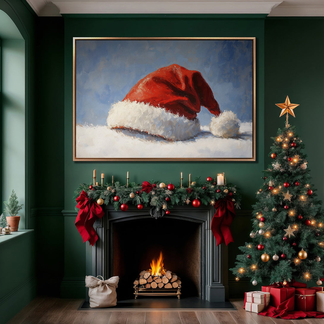 Framed Wall Art: Festive Santa hat painting in a cozy Christmas interior with a green and red color palette. Perfect holiday decor!