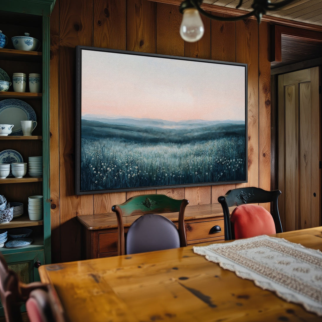 Framed Wall Art: Serene landscape Canvas Print with a calming blue and pink color palette, perfect for adding a touch of nature to your home.