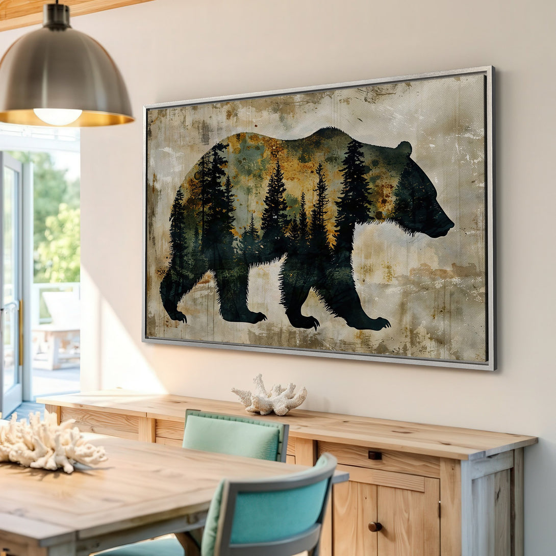 Framed Wall Art: Bear silhouette with forest detail. Rustic style, earth-toned palette. Perfect for cabin decor. Add this Canvas Print to your space!