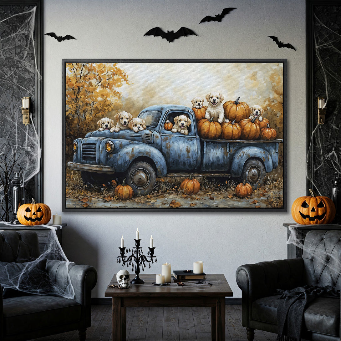 Framed Wall Art: Adorable puppies in a blue truck with pumpkins. Autumnal scene in warm orange, yellow, and blue tones. Perfect fall decor!