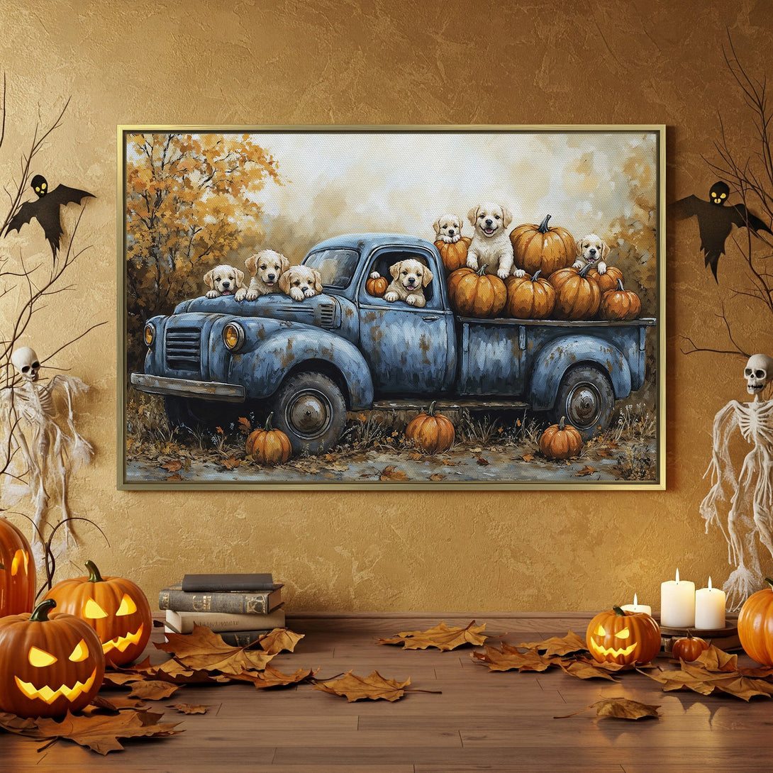 Canvas Print: Adorable puppies in a vintage truck with pumpkins. Rustic fall decor with warm orange & blue tones. Perfect Halloween wall art!
