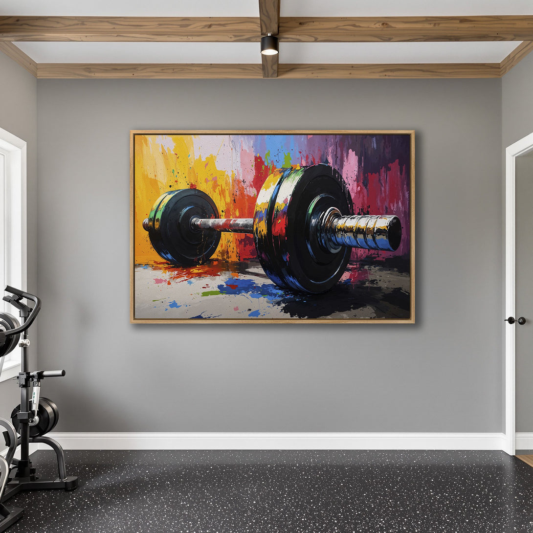 Framed Wall Art: Bold dumbbell painting with vibrant, colorful abstract style. Perfect for a gym or fitness space. Inspiring & motivational decor.