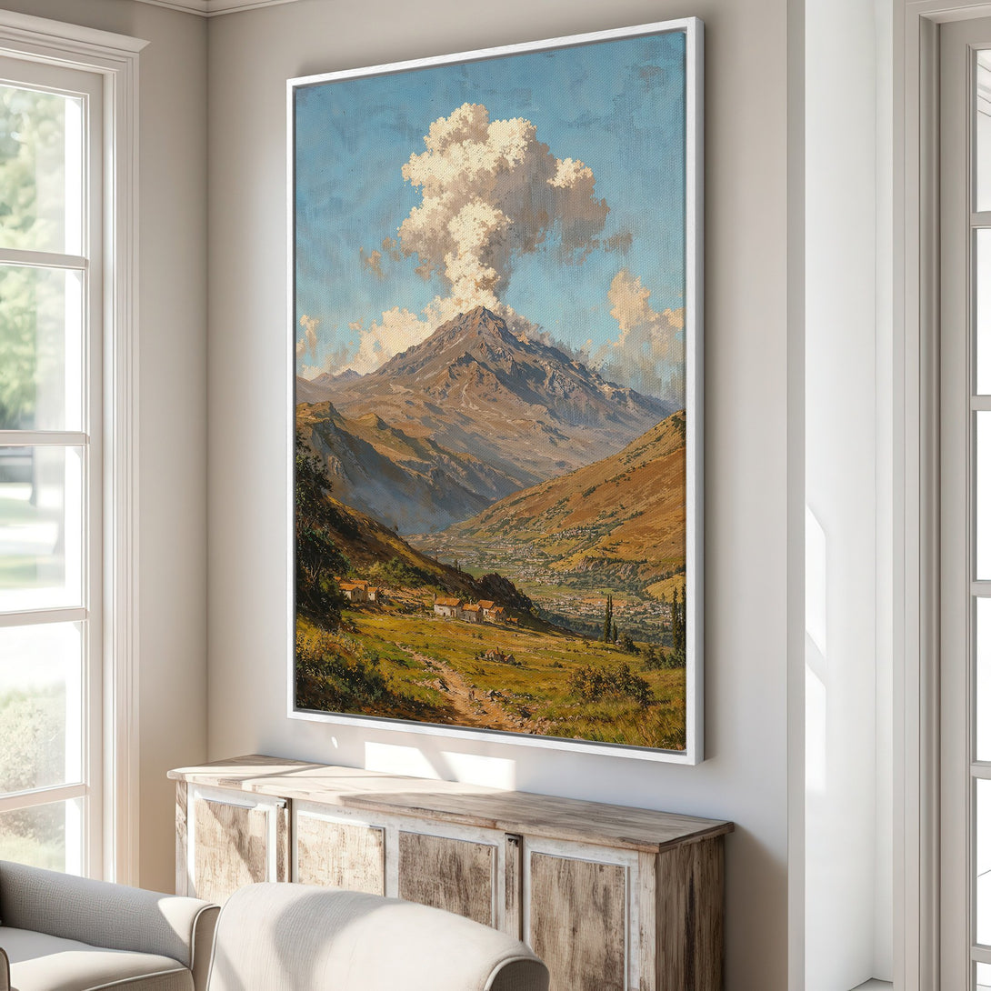 Framed Wall Art of a mountain landscape in a classic style with warm earth tones and blue sky, perfect for home decor.
