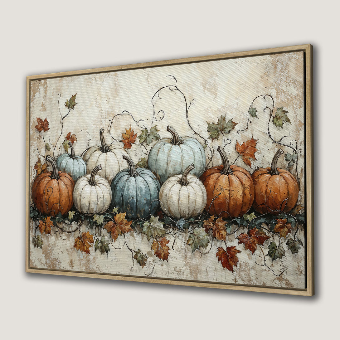 Framed Wall Art: Autumn pumpkin painting in warm orange, white, and blue hues. Rustic style Canvas Print perfect for fall decor.