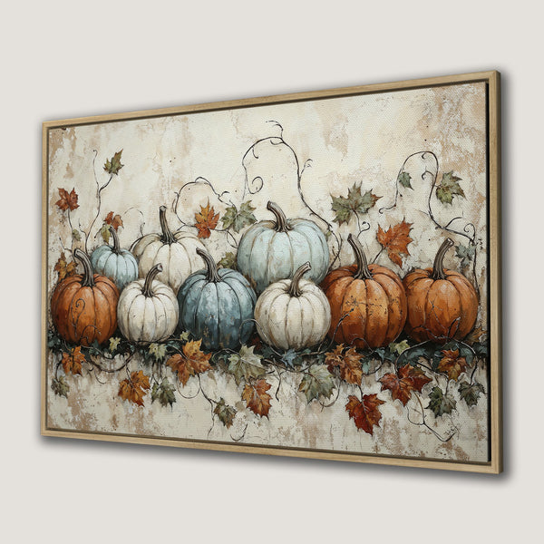 Framed Wall Art: Autumn pumpkin painting in warm orange, white, and blue hues. Rustic style Canvas Print perfect for fall decor.