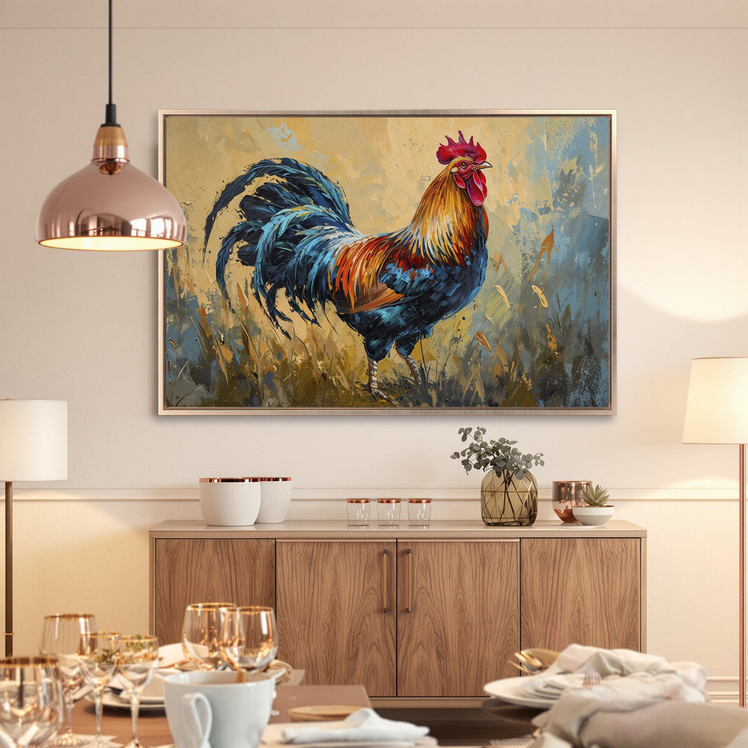 Framed Wall Art: Colorful rooster painting in a rustic style. Vibrant blues, oranges & yellows. Perfect for adding character to your dining room.