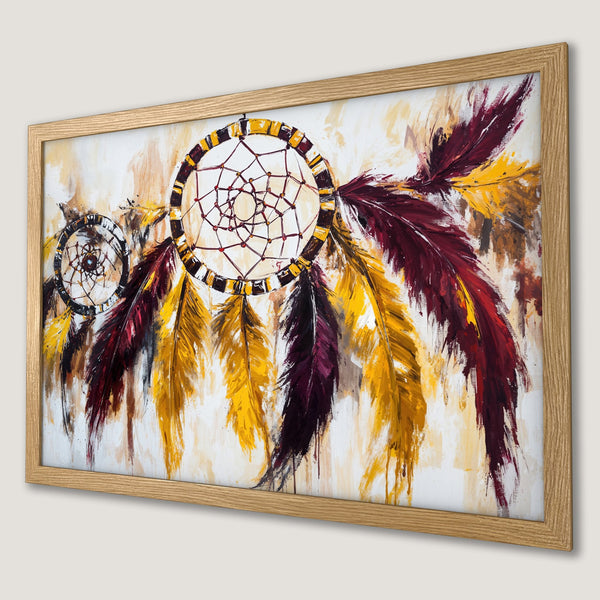 Framed Poster featuring a dreamcatcher in an abstract style with a warm yellow and burgundy color palette. Add bohemian vibes to your space!