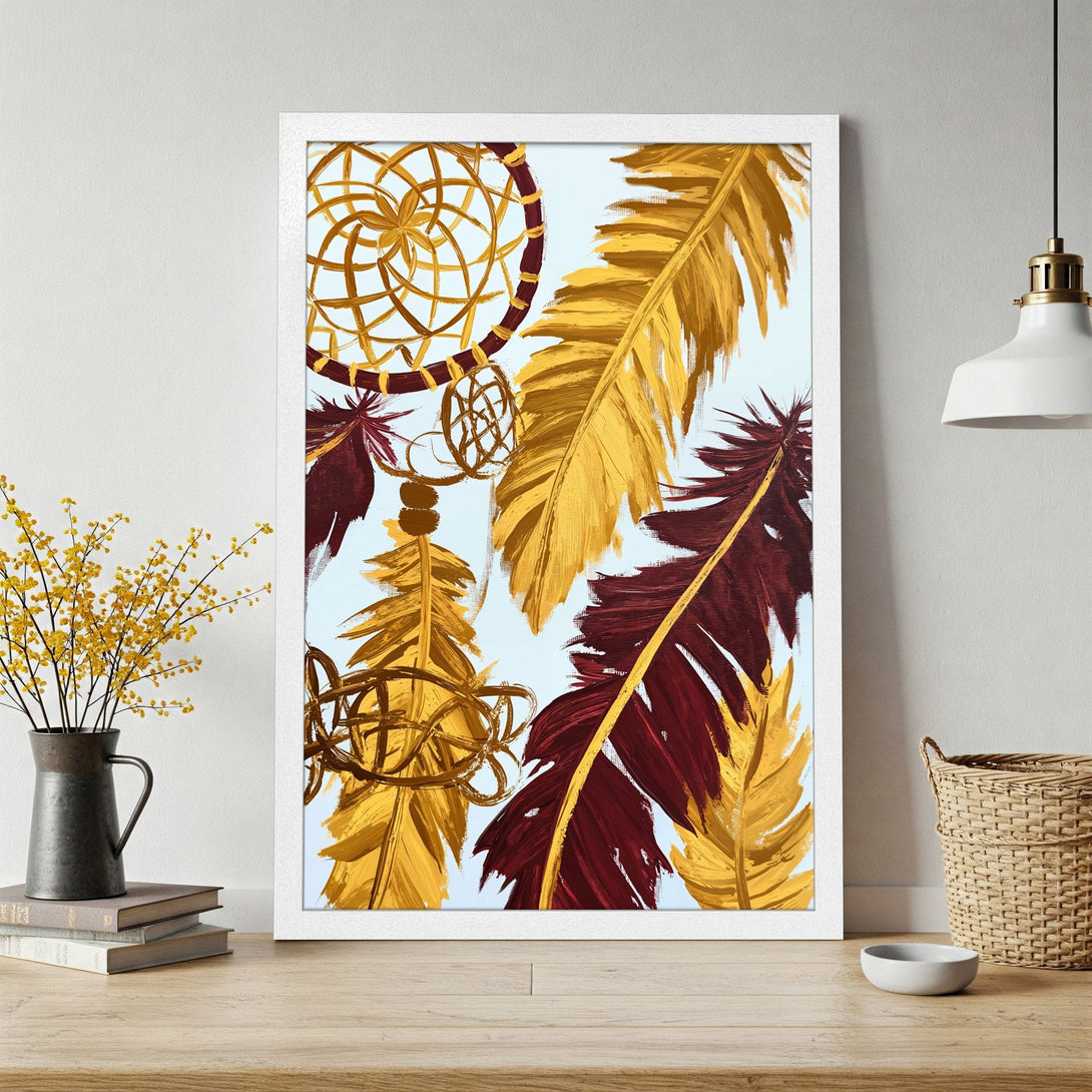 Framed Poster featuring a dreamcatcher and feathers in a bohemian style with a warm gold and burgundy color palette, perfect wall art.