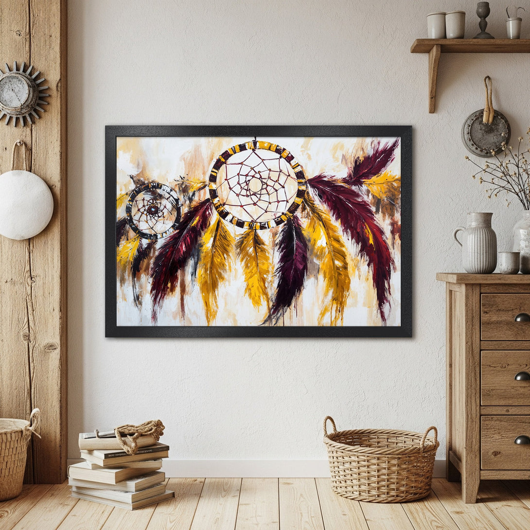 Framed Poster featuring a dreamcatcher. Bohemian style art with a warm, earthy color palette. Perfect wall decor!
