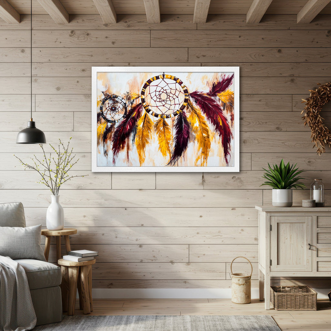 Framed Poster featuring a dreamcatcher painting with warm yellow, red, and brown tones. Perfect wall art for a bohemian style home.