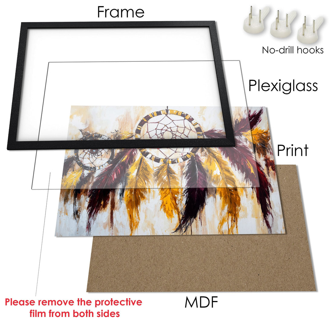 Framed Poster featuring a dreamcatcher in warm, earthy tones. Perfect wall art for a bohemian vibe.