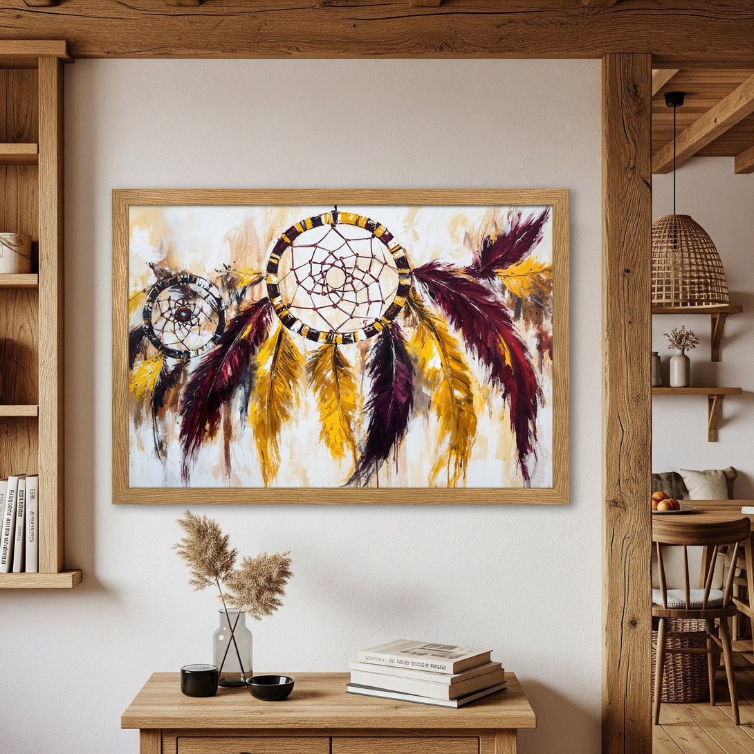 Framed Poster featuring a dreamcatcher in a rustic style with a warm, earthy color palette. Perfect wall art!