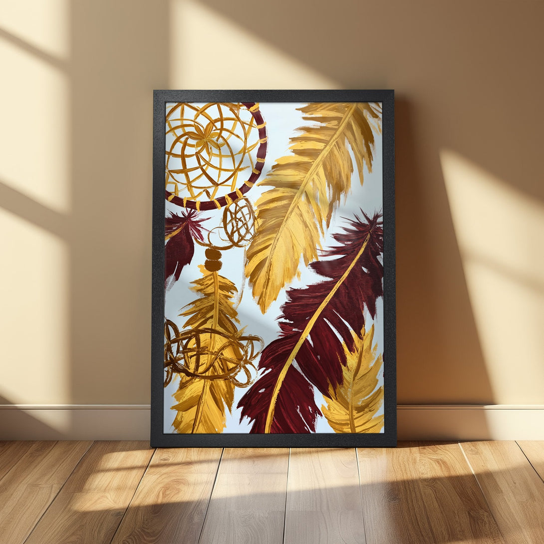 Framed Poster featuring dreamcatcher and feather art in gold and burgundy tones. Perfect wall decor!