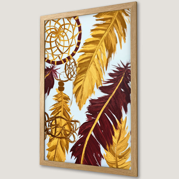 Framed Poster featuring abstract feathers in gold and burgundy hues, perfect for adding bohemian style to your home decor.
