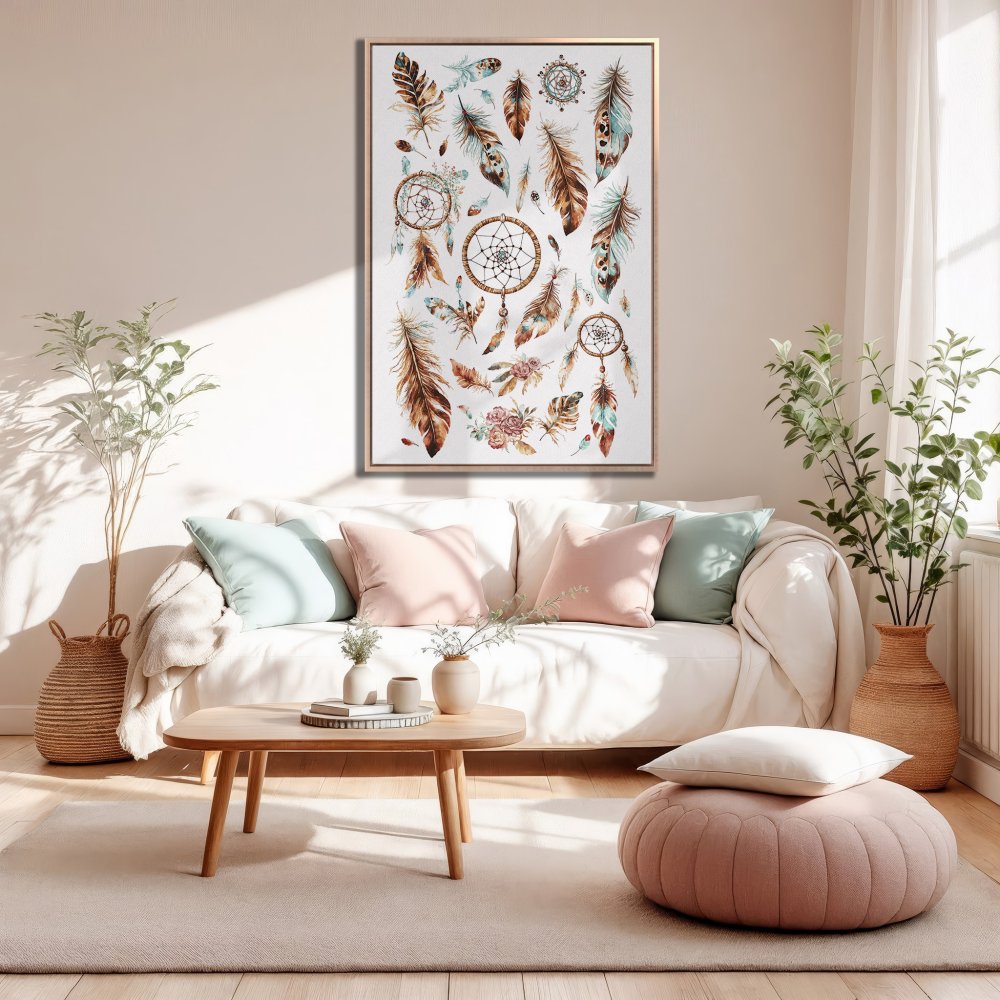 Framed Wall Art: Boho feather and dreamcatcher print in warm earth tones. Perfect for adding a touch of bohemian style to your home decor.