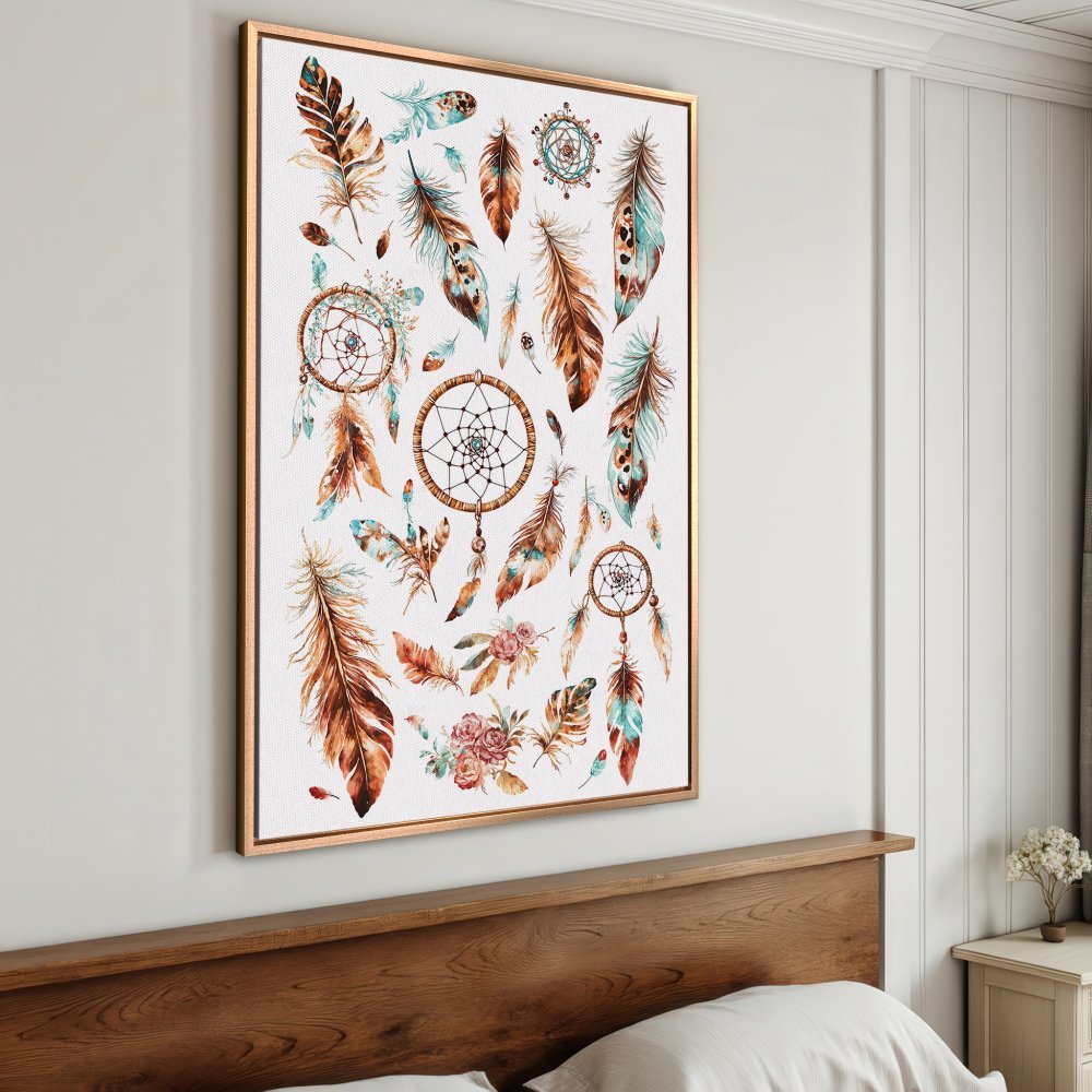 Framed Wall Art: Watercolor feathers and dream catchers in warm brown and teal tones. Boho style Canvas Print perfect for bedroom decor.