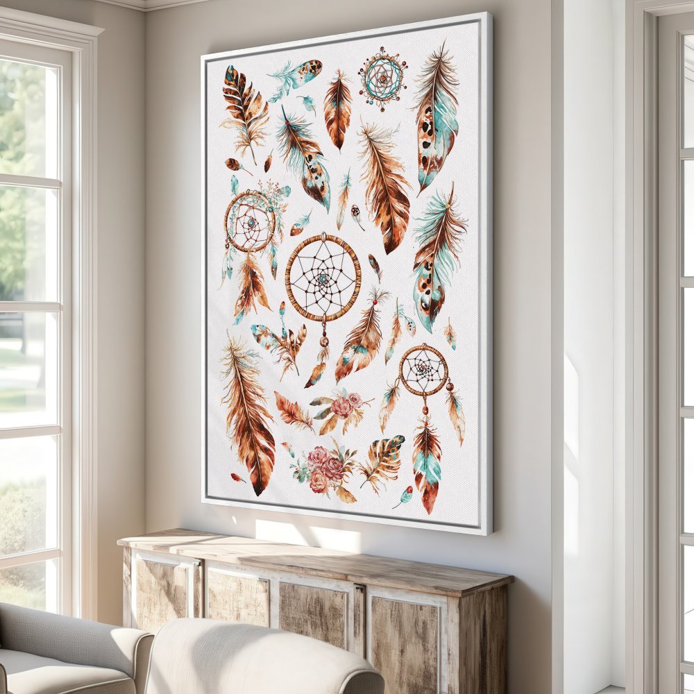Framed Wall Art featuring watercolor feathers and dreamcatchers. Boho style, warm brown and teal color palette. Perfect home decor.